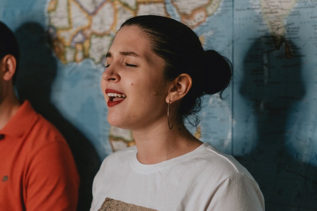 woman laughing in interview